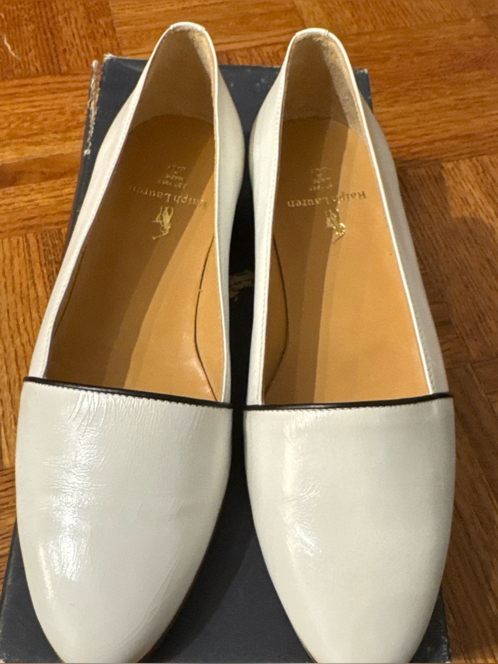 Ralph Lauren White Leather Slip-On Ballet Flats with Black Trim